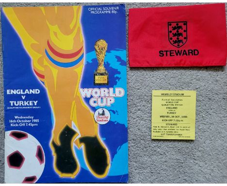 1985 ENGLAND V TURKEY PROGRAMME, STEWARDS TICKET &amp; ARMBAND
Slight folds on Programme &amp; Ticket