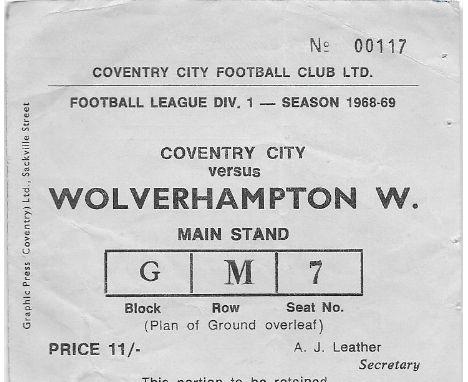 1968-69 COVENTRY CITY V WOLVERHAMPTON WANDERERS TICKET