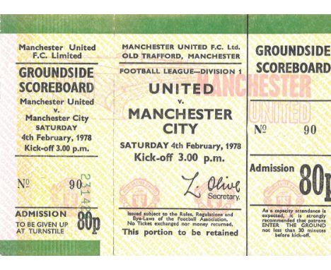 1977-78 MANCHESTER UNITED V MANCHESTER CITY UNUSED TICKET