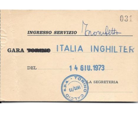 1973 ITALY V ENGLAND TICKET
Rare ticket for the services entrance&nbsp;
Slight fold