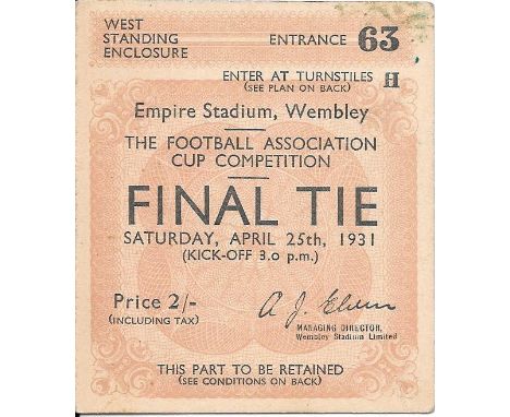 1931 FA CUP FINAL BIRMINGHAM V WEST BROMWICH ALBION TICKET
Good for age with just slight mark in top corner