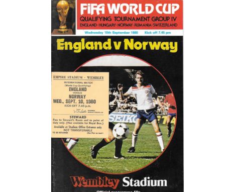 1980 ENGLAND V NORWAY PROGRAMME &amp; RARE STEWARDS TICKET
Both good condition