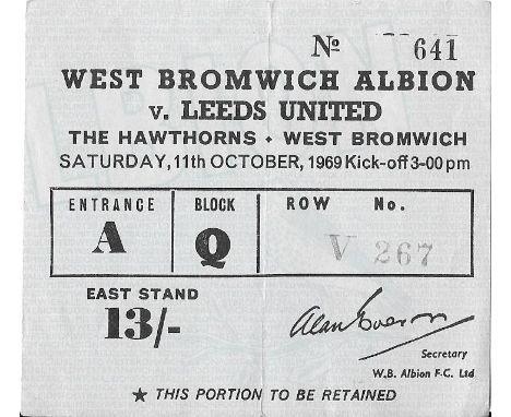 1969-70 WEST BROMWICH ALBION V LEEDS UNITED TICKET
Slight fold