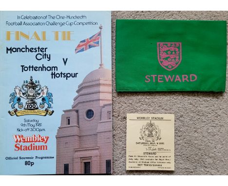 1981 FA CUP FINAL MANCHESTER CITY V TOTTENHAM HOTSPUR PROGRAMME, STEWARDS TICKET &amp; ARMBAND
All good condition