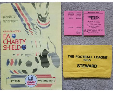 1985 CHARITY SHIELD EVERTON V MANCHESTER UNITED PROGRAMME, STEWARDS TICKET &amp; ARMBAND
Programme - rusty staples