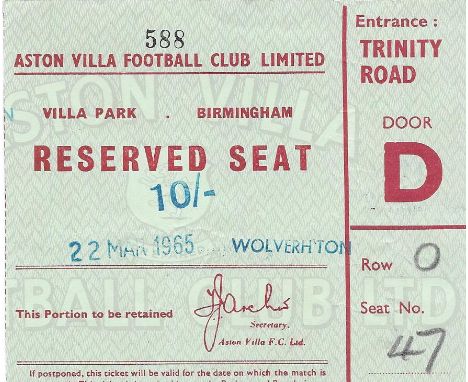1964-65 ASTON VILLA V WOLVERHAMPTON WANDERERS TICKET&nbsp;
Good condition