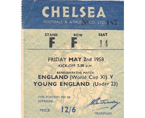 1958 ENGLAND WORLD CUP XI V YOUNG ENGLAND AT CHELSEA TICKET
Good condition