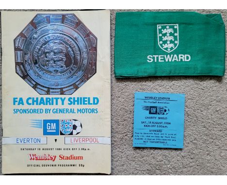 1984 CHARITY SHIELD EVERTON V LIVERPOOL PROGRAMME, STEWARDS TICKET &amp; ARMBAND
Programme - folds &amp; rusty staples, Ticke
