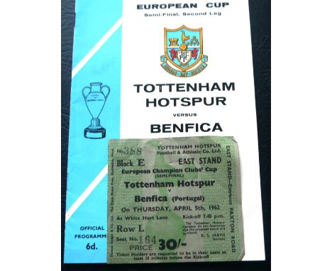 1962 TOTTENHAM HOTSPUR V BENFICA EUROPEAN CUP S/F PROGRAMME &amp; TICKET
&nbsp;