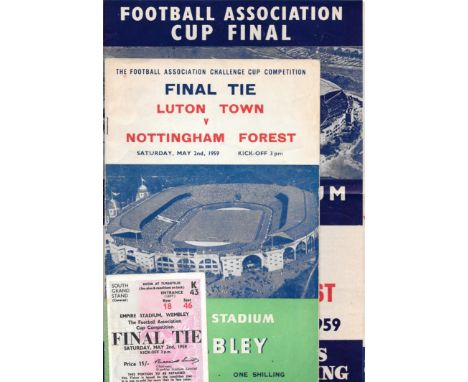 1959 FA CUP FINAL LUTON TOWN V NOTTINGHAM FOREST PROGRAMME, TICKET &amp; SONG SHEET
&nbsp;
Programme - slight fold, 3 small t