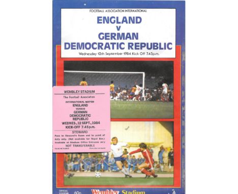 1984 ENGLAND V EAST GERMANY PROGRAMME &amp; RARE STEWARDS TICKET
Programme - some marks, Ticket good