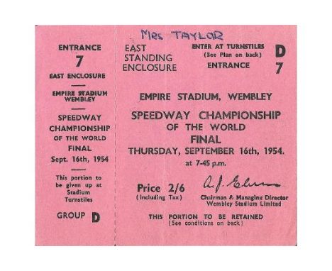 SPEEDWAY - 1954 WORLD CHAMPIONSHIP AT WEMBLEY UNUSED TICKETName noted on top edge&nbsp;