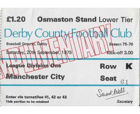 1975-76 DERBY COUNTY V MANCHESTER CITY TICKET
Slight paperclip mark