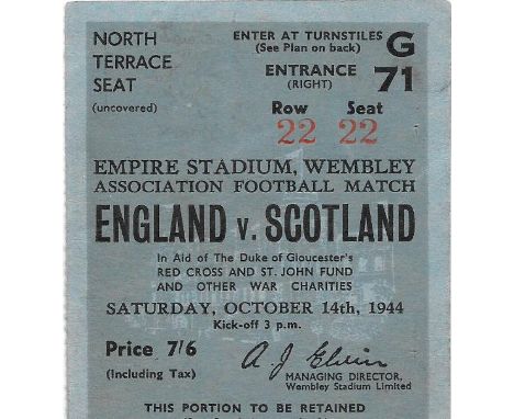 1944-45 ENGLAND V SCOTLAND TICKET
Rare ticket for this match played 14th Oct 1944
Good condition