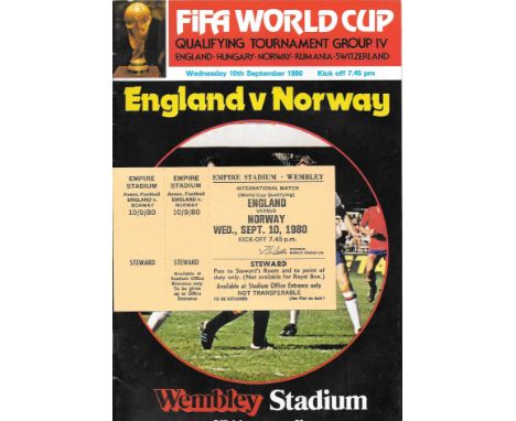 1980 ENGLAND V NORWAY PROGRAMME &amp; RARE COMPLETE STEWARDS TICKET
Both good condition