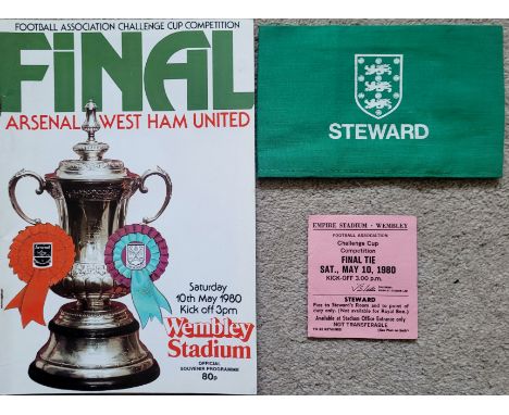 1980 FA CUP FINAL ARSENAL V WEST HAM PROGRAMME, STEWARDS TICKET &amp; ARMBAND
Programme - rusty staples, Ticket slight folds