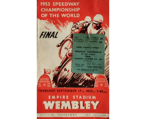 SPEEDWAY - 1953 WORLD FINAL @ WEMBLEY + TICKET
Results noted and small rust mark.