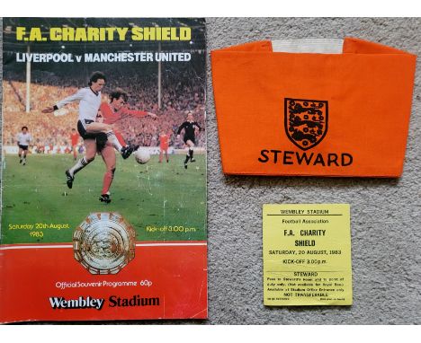 1983 CHARITY SHIELD MANCHESTER UNITED V LIVERPOOL PROGRAMME, STEWARDS TICKET &amp; ARMBAND
Programme slight fold &amp; slight