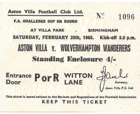 1964-65 ASTON VILLA V WOLVERHAMPTON WANDERERS FA CUP TICKET&nbsp;
Good condition