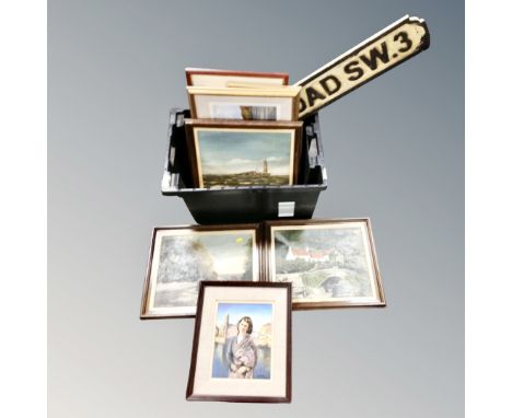 A crate containing assorted pictures to include a L. Seymour oil on board lake scene, three F. Tordoff oils on canvas scenes 