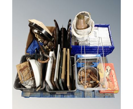 A pallet containing a crate of CDs, pictures, magazine rack, kitchen ware, brass light fitting, tapestry foot stool, a comput