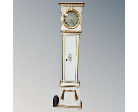 A Danish painted and gilt longcase clock with circular dial, pendulum and weights. 