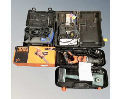 A Black and Decker 350W electric file together with a Black and Decker reciprocating saw, an Energer rotary hammer drill, a M