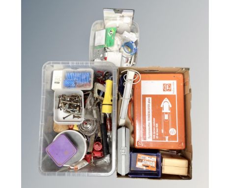 Three boxes containing electrical tools, a Fein German power sander, hand tools etc. 
