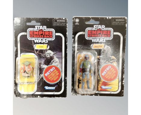 Two Kenner toys The Empire Strikes Back Retro collection Wave two figures, Boba Fett and Yoda, mint on card. 