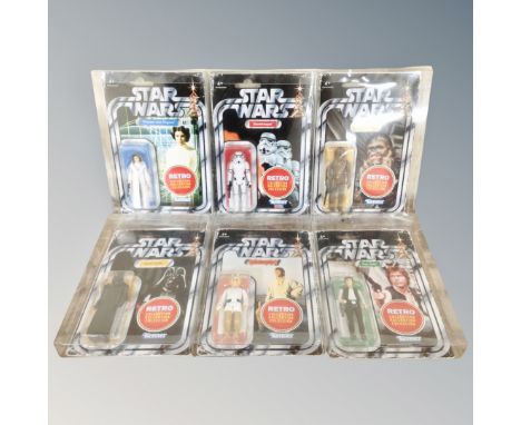 A set of six Kenner Toys Star Wars figures, wave one retro collection figures, Darth Vader, Chewbacca, Stormtropper, Luke Sky