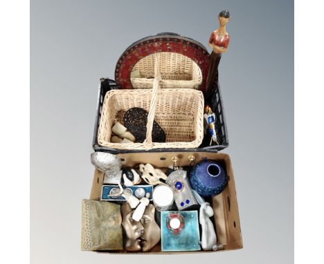 Two boxes containing contemporary ornaments, circular mirrors, wicker hand basket an Art Nouveau battery operated clock. 