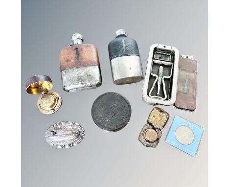Collectables to include two hip flasks, two travelling ink wells, razor, table lighter, crown etc 