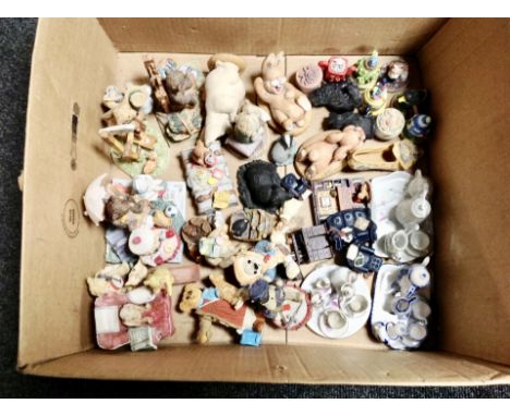 A box containing miniature ceramic tea services, ornaments to include Peter Fagan teddy bears etc.