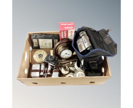 A box containing miscellanea to include petit point dressing table set, barometers, wall clock, gent's travel set etc. 