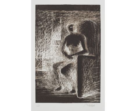 [§] HENRY MOORE O.M., C.H., F.B.A. (BRITISH 1898-1986)SEATED FIGURE IV: REVERSE LIGHTING S/P, signed in pencil and dated 1974