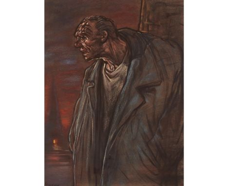 [§] PETER HOWSON (SCOTTISH B.1958)DOSSER - GREEN COAT Signed, pastel60cm x 45cm (23.5in x 17.75in)