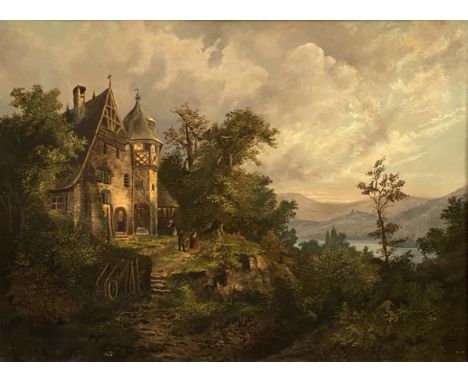 Continental School, 19th Century, Figures outside a villa, river landscape beyond, oil on canvas, unsigned, 44x59cm. One patc