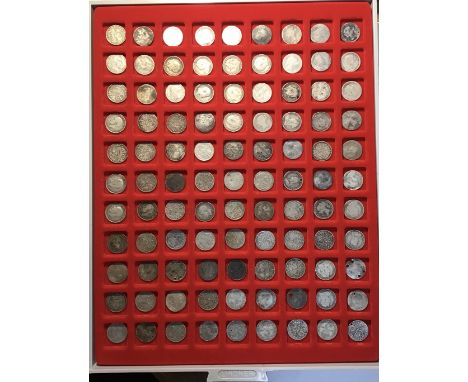 Collection of Sterling Silver Threepence From Young Head Victoria to Pre 20 George V in LINDNER Tray. (99)
