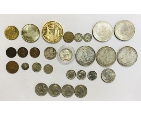 Collection of American Coins, Commemorative issues, transport tokens and base metal re-strike of two Morgan Dollars and Three