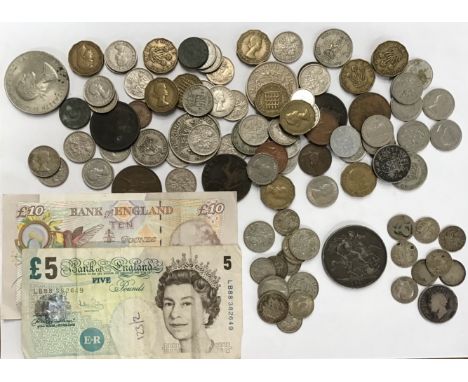 Collection of British and World Coins with Bank of England &pound;5 &amp; &pound;10 Banknotes. Includes 1889 Crown, Quantity 
