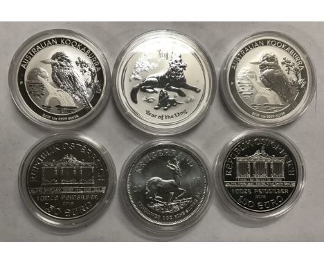 Mixed group of 1oz Fine Silver Coins of 3 x Australia, 2 x Austria and one South Africa. Includes Australian 2018 Chinese Yea