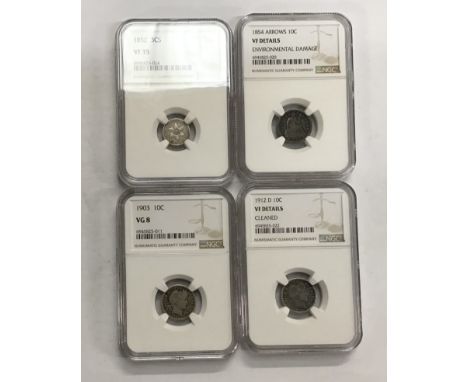 NSG Slabbed American Coins, including 1852 Silver Three Cent, 1854 Ten Cent (arrows at date), 1903 Ten Cent and 1912D Ten Cen