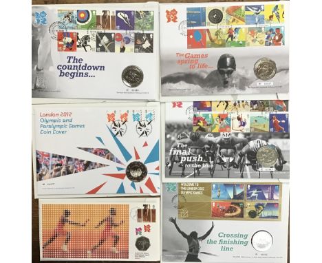 British 2012 Olympic Coin Covers of the Three, Two, One, Finish Line &pound;5 Covers, Paralympic Games &pound;5 and Athletics