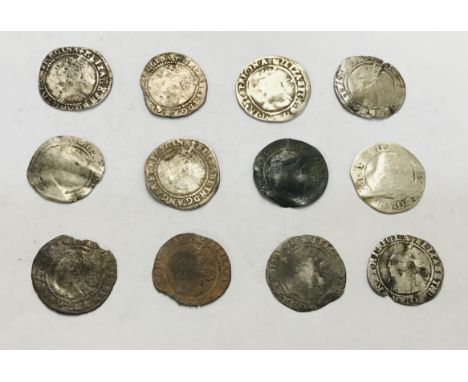 Collection of Twelve Elizabeth I Silver Threepence and Half Groats. Metal detector found.