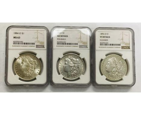 NSG Slabbed American Silver Morgan Dollar Coins, including 1884o, 1889 and 1896o.  