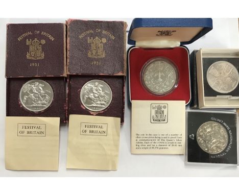 Collection of Commemorative Crowns including Silver Proof 1977 Silver Jubilee Crown in Case with CoA, two 1951 Festival of Br