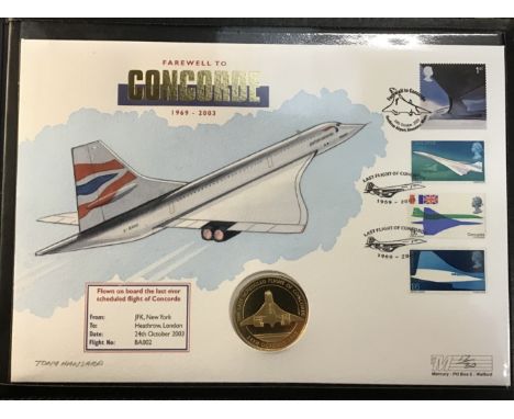 Gold Commemorative Medallic Coin by Westminster, Farewell to Concorde Coin First Day Cover and painted by Anthony Hansard (st