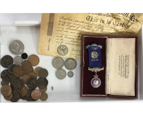 Collection of Coins and Hallmarked Sterling Silver Order of the Buffalo&rsquo;s medal In Original Case with Certificate with 