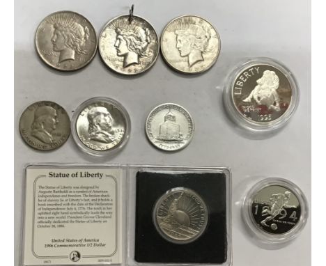 America Silver Coins, including 2 x 1922 (one holed) &amp; 1923 Silver Peace Dollars, 1925 Lexington - Concord Sesquicentenni