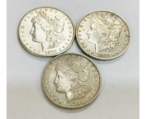 Three US Silver Morgan Dollars including 1878s, 1883o &amp; 1921 all weighing between 26.75g and 26.79g